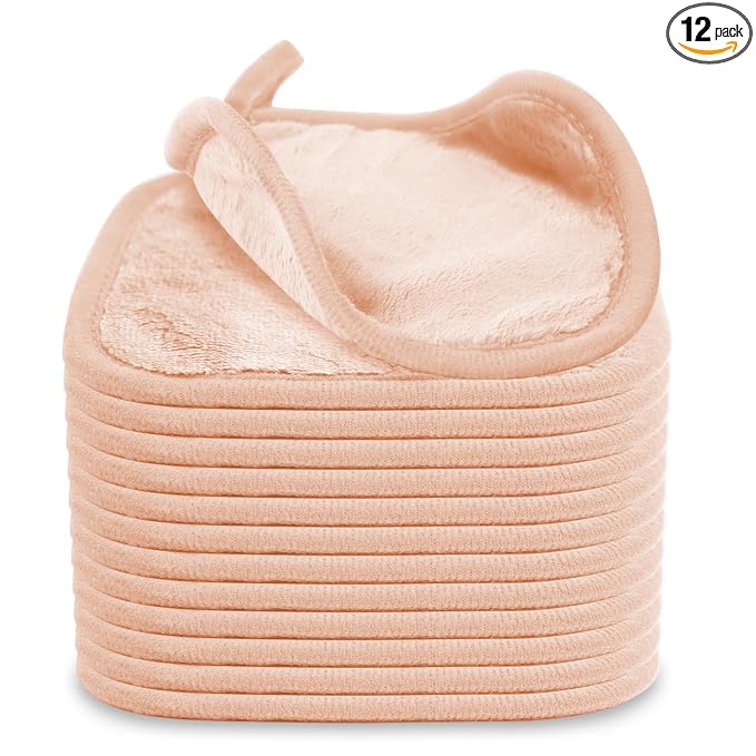 Puomue Makeup Remover Cloth 12 Pack, Ultra Soft and Reusable Microfiber Makeup Remover Towels for All Skin Types, Perfect Face Towels for Women, 6 Inch X 6 Inch, Pink