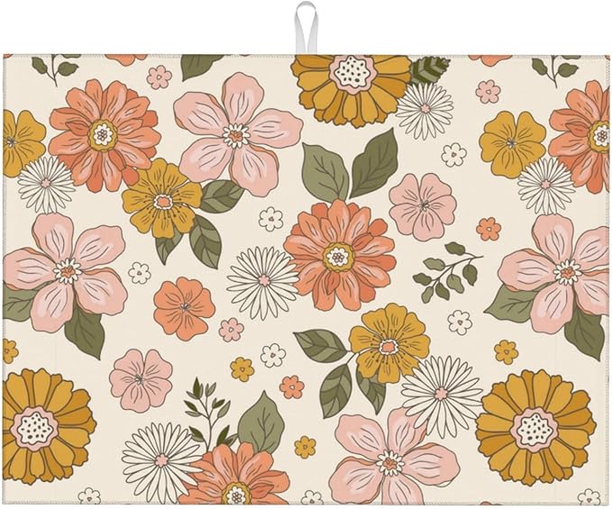 Pink Flowers Dish Drying Mat For Kitchen Counter, Super Absorbent Microfiber Dish Drying Pad, Kitchen Gadgets For Easy Clean Multi-Use Large 18"x24"