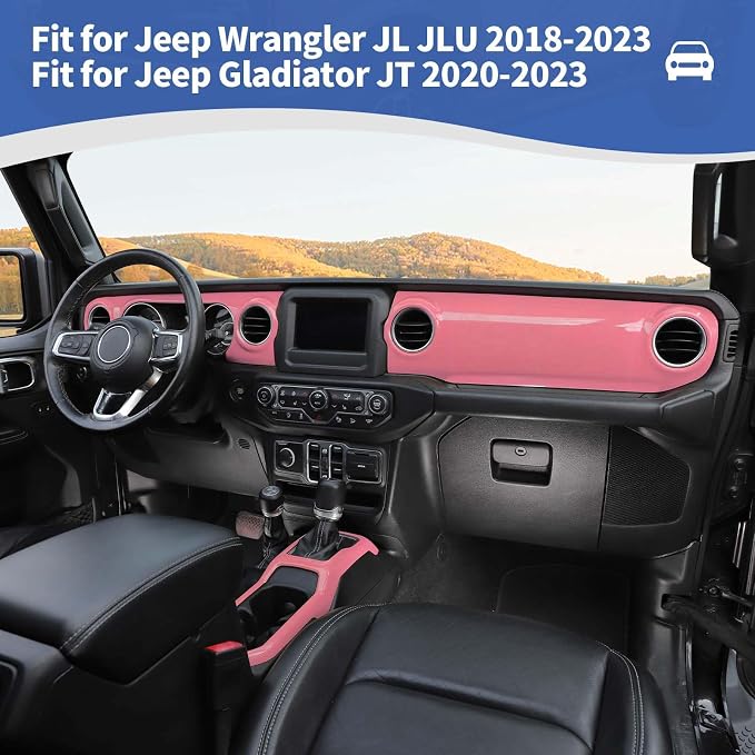 RT-TCZ for Wrangler JL Dash Trim Cover Pink, Gear Shift Panel Trim Frame for Jeep Wrangler JL JLU Gladiator JT 2018-2023 Pink Interior Accessories 3pcs