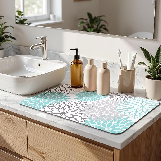 Findosom 2PCS 12" x 20" Dish Drying Mat & 24" x 5.5" Sink Splash Guard, Super Absorbent & Cuttable Dish Mat Drying Kitchen Mat with Teal Floral, Hide Stain Drying Mat for Kitchen Counter