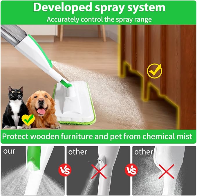 Wet Spray Mop for Floor Cleaning with 14 oz Bottle & 3 Microfiber Pads | Refillable bottle, washable pads, dry/wet use for home or commercial cleaning on hardwood, laminate, wood & ceramic floors