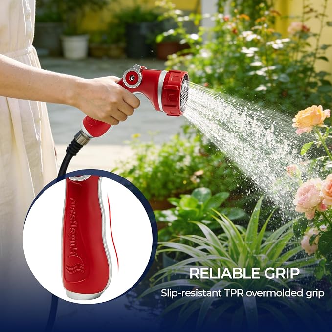 HugeDawn Garden Hose Nozzle with 7 Spray Patterns, Heavy Duty Metal Sprayer 30% Greater Water Flow for Watering, Car Wash, Outdoor Cleaning (Red)