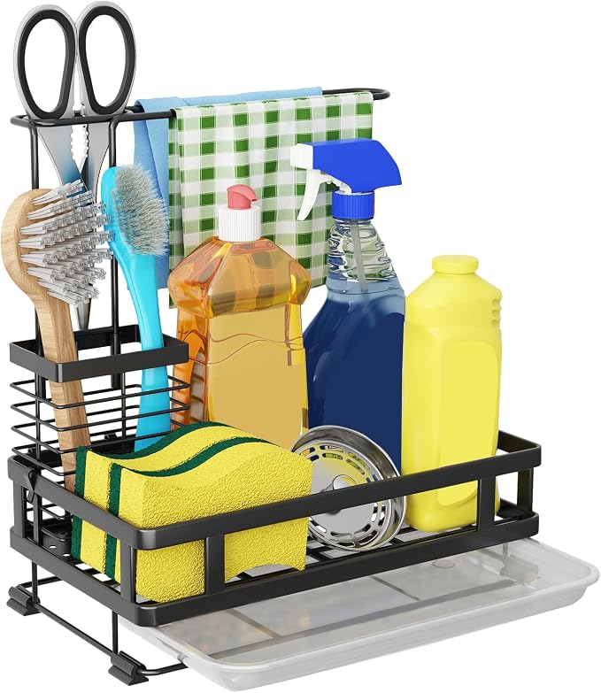 Godboat Kitchen Sink Organizer with Brush Rack - Sink Caddy with Drain-Pan | Stainless Steel Sponge Holder for Kitchen Sink with Towel Rack, Organizer for Dish Soap Dispenser, 10.5"L × 5.9"W × 10.5"H