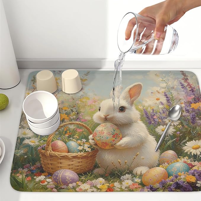 Easter Bunny Eggs Dish Drying Mat for Kitchen Counter 18 x 24 Inch Rabbit Floral Dish Drainer Mat Absorbent Microfiber Dish Rack Pad for Spring Holiday Coffee Dining Bar Decor