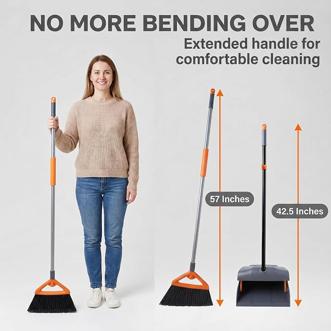 CLEANHOME Heavy Duty Broom with Dustpan Combo Set, Grey | Indoor and Outdoor,Stiff Bristle, Commercial Angle Broom and Standing Dust Pans, Long Handle ,for Sweeping Home,Kitchen,Yard