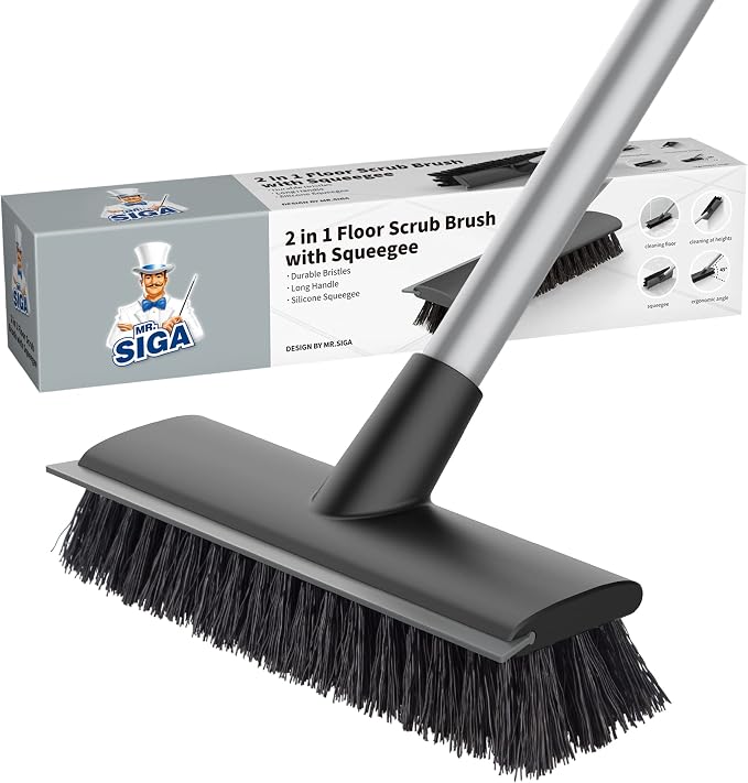 MR.SIGA Floor Scrub Brush with Long Handle for Cleaning Cleaning Bathroom | Shower floor scrubber, 2 in 1 scrubber and squeegee for cleaning patio, garage, wall, tile with stiff Bristles