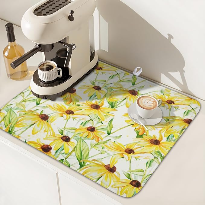 Yellow Sunflower Dish Drying Mat for Kitchen Counter 16x18 Inch | Floral，Polyester，Absorbent Microfiber，for Coffee Dining Bar Decor