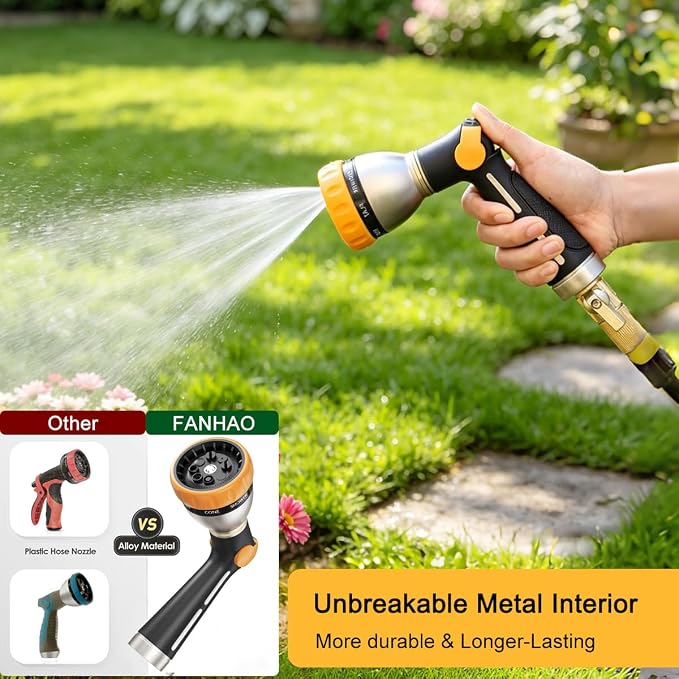 FANHAO Thumb Control Garden Hose Nozzle Heavy Duty Metal, 8 Spray Patterns | Rustproof Leakproof, Non-Slip Ergonomic Grip, High Pressure Water Hose Sprayer for Watering Plant, Washing Car, Patio, Pet