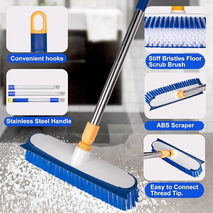 Floor Scrub Brush - 2 in 1 Deck Scrub Brush with Long Handle for Tile, Deck, Patio, Marble, Garage, Wall, Kitchen, Bathroom