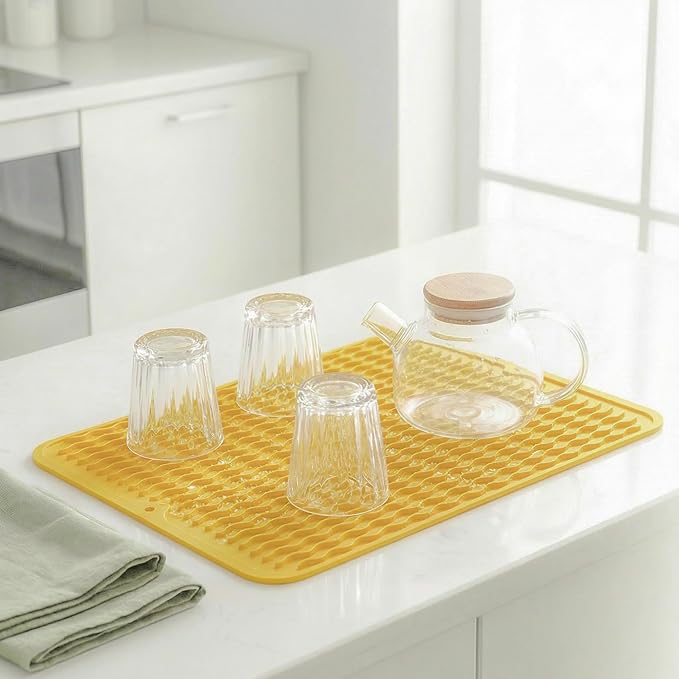 MicoYang Silicone Dish Drying Mat — Quick-Dry Ridges Counter & Sink Pad, Heat-Resistant Trivet to 450°F, Non-Slip & Dishwasher Safe, Roll-Up Storage, 18 Colors & 9 Sizes (Yellow, 16"×12")