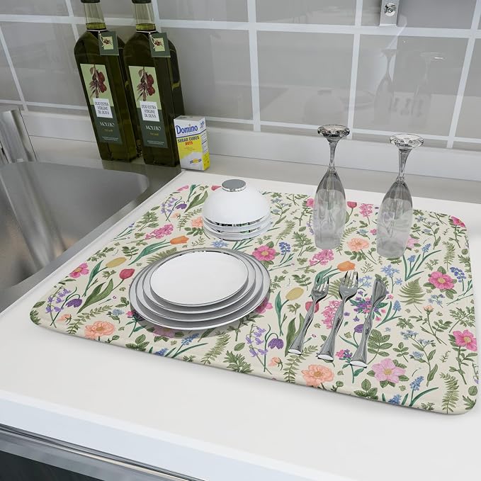 Spring Floral Dish Drying Mat for Kitchen Counter 18x24 Pink Sage Green Flower Vintage Botanical Print Absorbent Reversible Microfiber Drying Mats Kitchen Countertop Protector Dishes Drainer Rack Pad