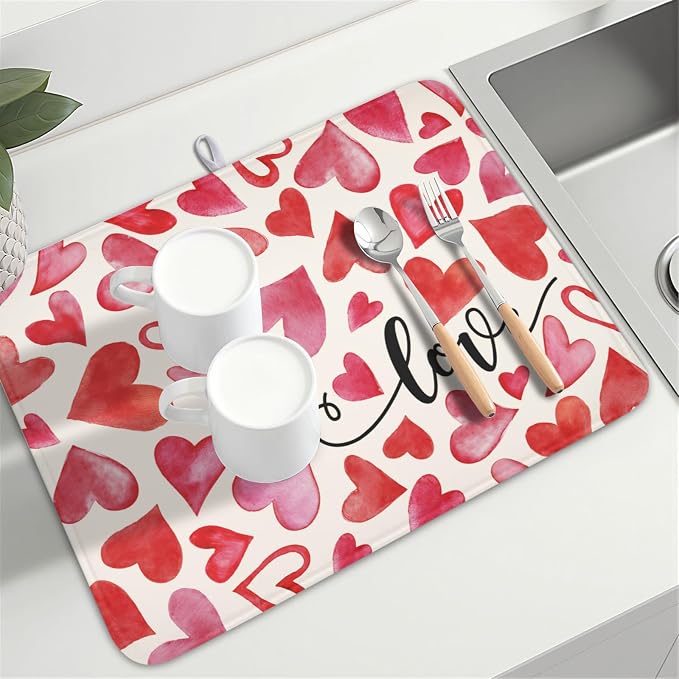 Valentine's Day Red and Pink Heart Dish Drying Mat 18x24 Inch | Polyester，Absorbent Microfiber，for Kitchen Coffee Dining Bar Decor