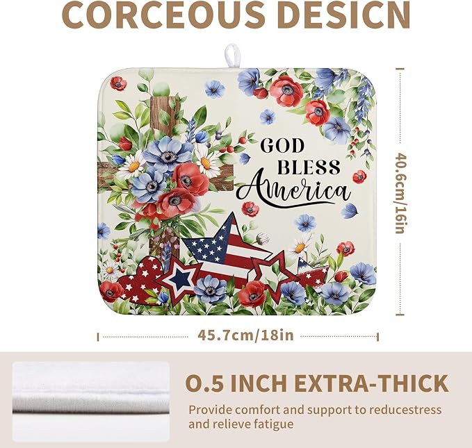 4th of July Drying Mat for Kitchen Counter Patriotic Floral Cross Stars Dish Drying Pad Independence Day Absorbent Microfiber Washable Dish Draining Mat Extra Large 16"x18"