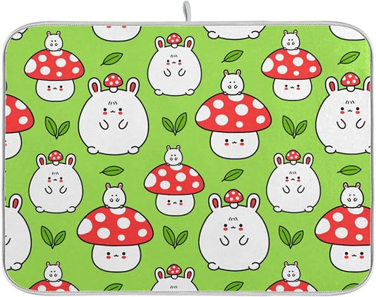 Absorbent Dish Drying Mat for Kitchen Counter - Cartoon Mushroom Rabbit Microfiber Drying Pad, Reversible Drainer Mats for Countertop, Large 18" x 24"