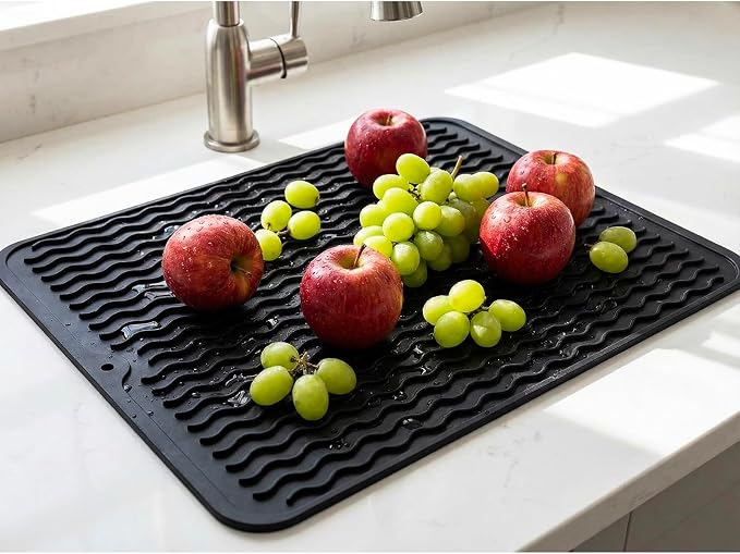 MicoYang Silicone Dish Drying Mat — Quick-Dry Ridges Counter & Sink Pad, Heat-Resistant Trivet to 450°F, Non-Slip & Dishwasher Safe, Roll-Up Storage, 18 Colors & 9 Sizes (Black, 16"×12")