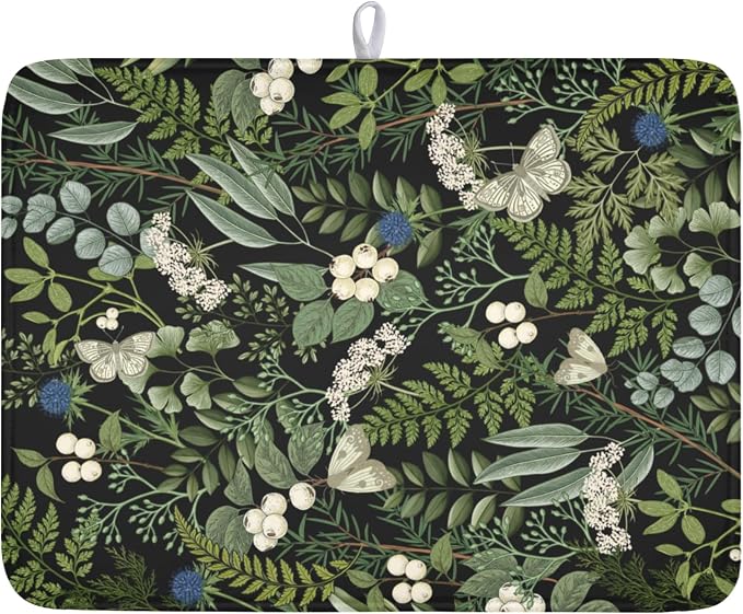 Sage Green Botanical Fruit Dish Drying Mat 18x24 Inch | Butterfly，Polyester，Absorbent Microfiber，for Kitchen Coffee Dining Bar Decor