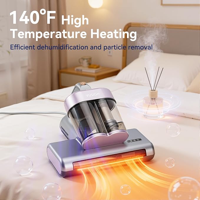 VUSIGN Mattress Vacuum Cleaner, 16Kpa Bed Vacuum Cleaner with 253.7nm UV-C Light, 140°F Heat, 40000RPM, HEPA Filter & Ultrasonic, Double-Cup Handheld Vacuums for Bed, Sofa, Couch, Crib(Corded, 500W)