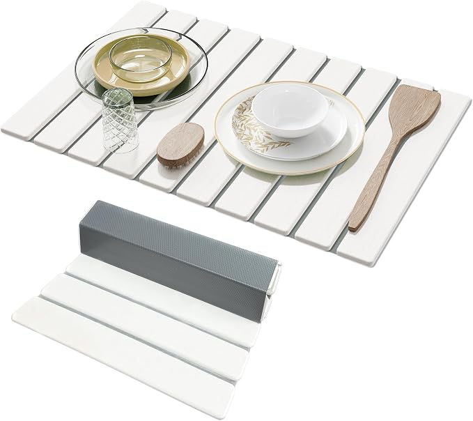 Large Stone Dish Drying Mats for Kitchen Counter,23.6''(L)x 15.4''(W) Foldable Quick Dry Stone Mat Kitchen,Absorbent Diatomaceous Earth Mats for Dishes Bottles Cups Bathroom Any Countertop-White