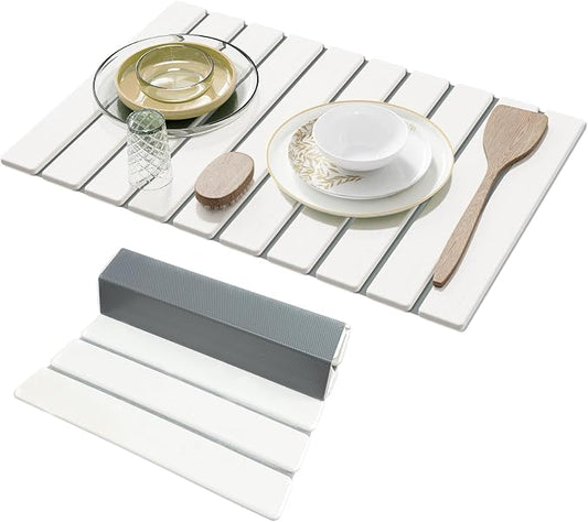 Large Stone Dish Drying Mats for Kitchen Counter,23.6''(L)x 15.4''(W) Foldable Quick Dry Stone Mat Kitchen,Absorbent Diatomaceous Earth Mats for Dishes Bottles Cups Bathroom Any Countertop-White