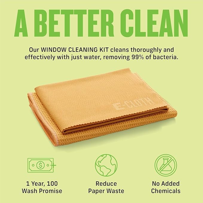 E-Cloth Microfiber Window Cleaning Cloth Kit - Glass Cleaning Cloth for Windows, Mirrors, Cars, Lenses, Eyeglasses, & More, Streak Free Clean, Machine Washable Reusable Towel - Tangerine Orange