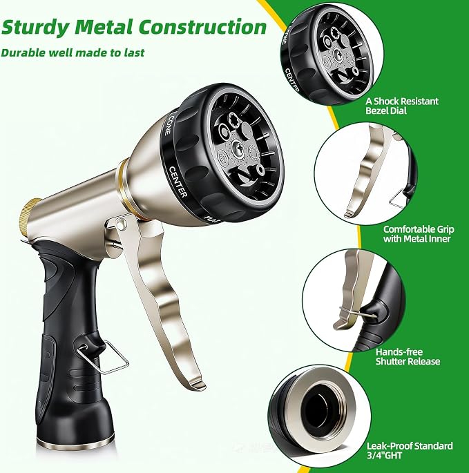 ARXIVE Metal Garden Hose Nozzle, Heavy Duty High Pressure Hand Sprayer | 7 Adjustable Patterns for Watering, Car Wash, Pet Rinse & Patio, Leak-Proof Rustproof Metal with Non-Slip Grip