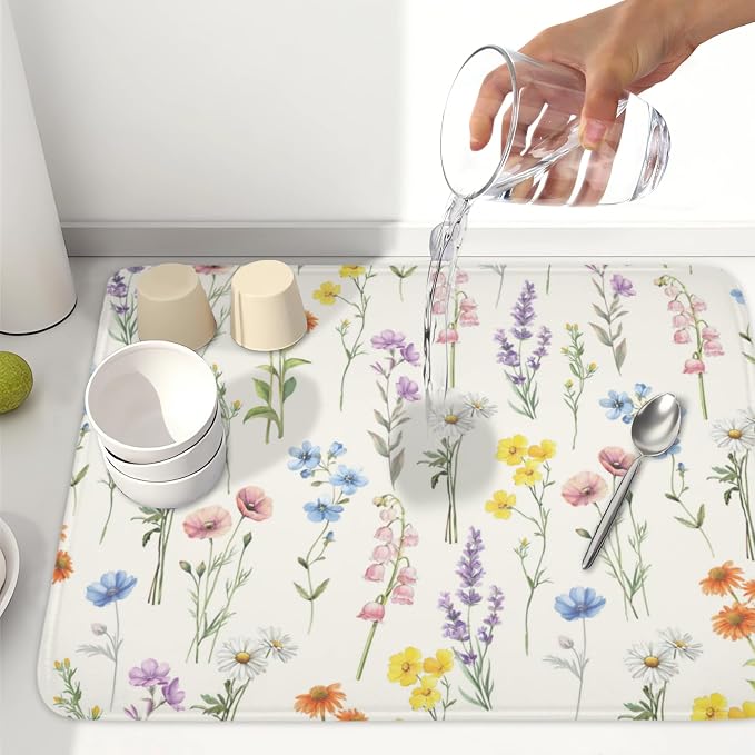 Spring Summer Colorful Floral Dish Drying Mat 18x24 Inch | Wildflower，Polyester，Absorbent Microfiber，for Kitchen Coffee Dining Bar Decor