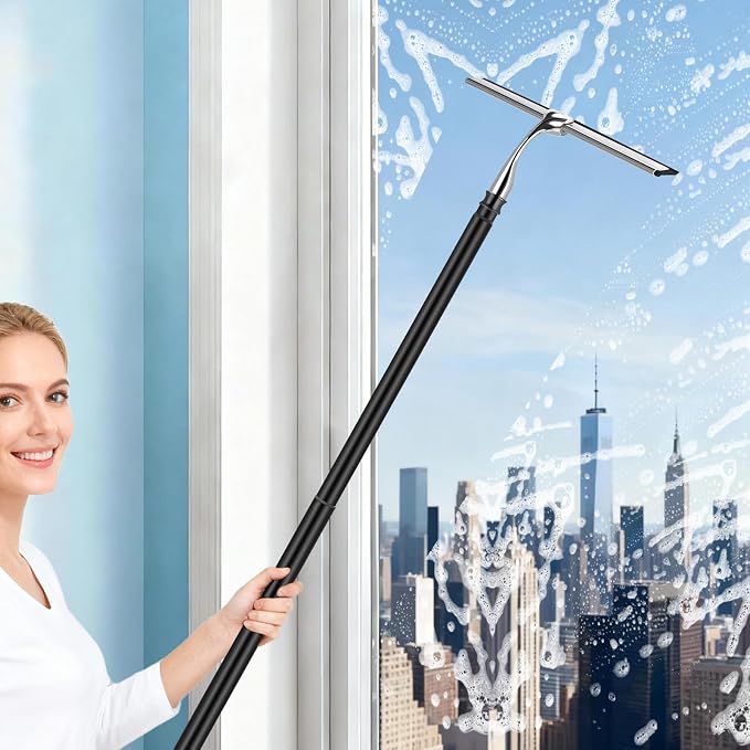 Metal Shower Squeegee with 17'' - 60'' Extension Pole for Window,Glass Door | 12'' Wide Telescopic Shower Squeegee For Tile Shower Walls Cleaner with Long Handle, Window Squeegee With Extension Pole