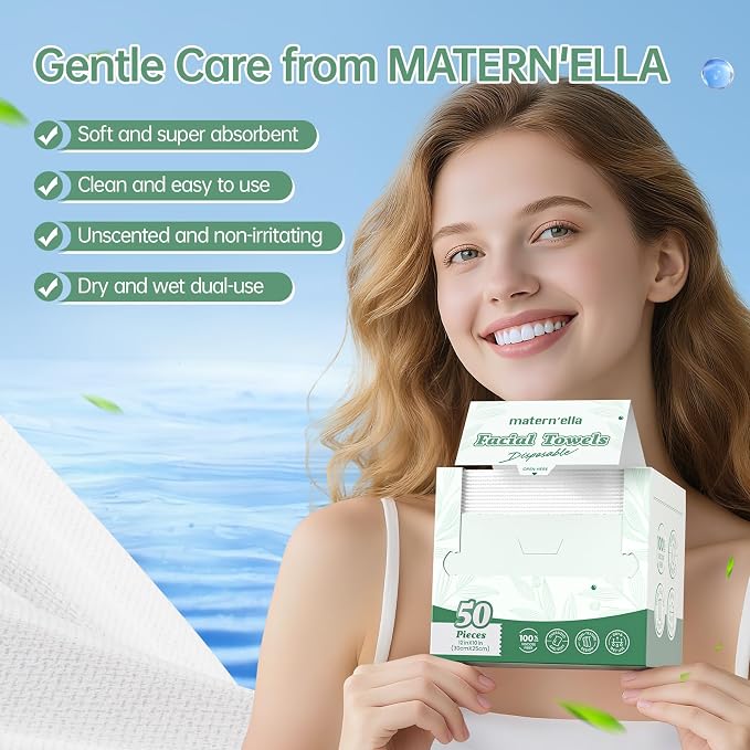 Matern'ella Clean Face Towels Disposable Facial Washcloths XXL 100 Cts | Thickened Dry Wipes Facial Cleansing Makeup Remover Soft Face Towelettes for Sensitive Skin Unscented 100% Plant-based