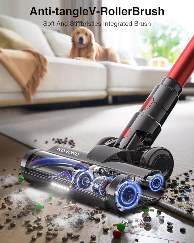 Cordless Vacuum Cleaner, 650W/55KPa 70Mins Vacuum Cleaners for Home, Self-Standing Stick Vacuum with Anti-Tangle Brush & OLED Touch Screen, Vacuum Cleaner for Hardwood Floors,Carpet,Pet Hair,Car (Red)