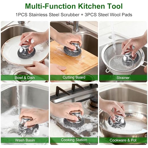 4PCS Steel Wool Scrubber Pads, Stainless Steel Scrubber Set with 3Pcs Steel Wool Pads, Steel Scrubber for Dishes, Ideal for Cleaning Cast Iron, Pots, Pans, Grills, Stoves, Sink, Kitchen Household