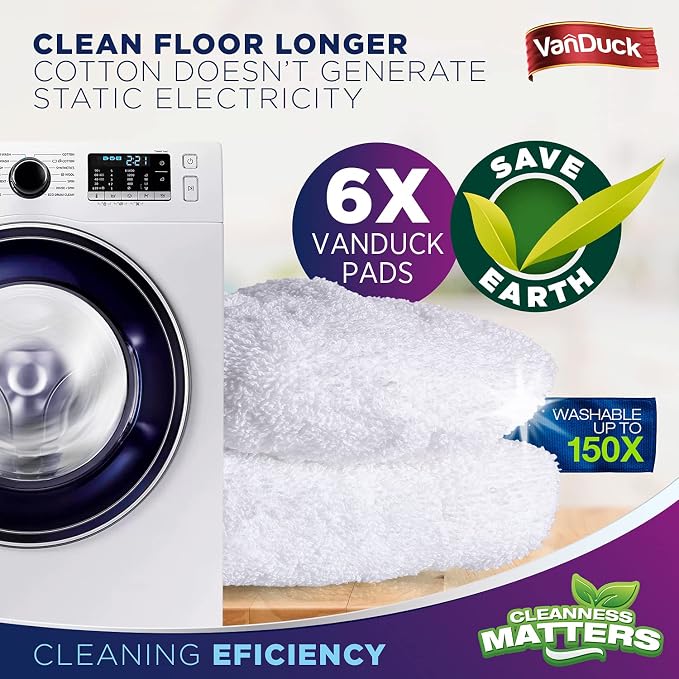 VanDuck 100% Cotton Terry Mop Pads 15x8 Inches, 6-Pack (Mop Not Included) | Reusable terry cloth mop covers, cotton replacement pads, floor cleaning refills, machine washable