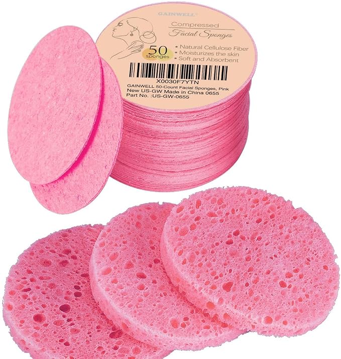GAINWELL 50-Count Compressed Facial Sponge for Daily Facial Cleansing and Exfoliating, 100％ Natural Cosmetic Spa Sponges for Makeup Remover, Reusable, Pink