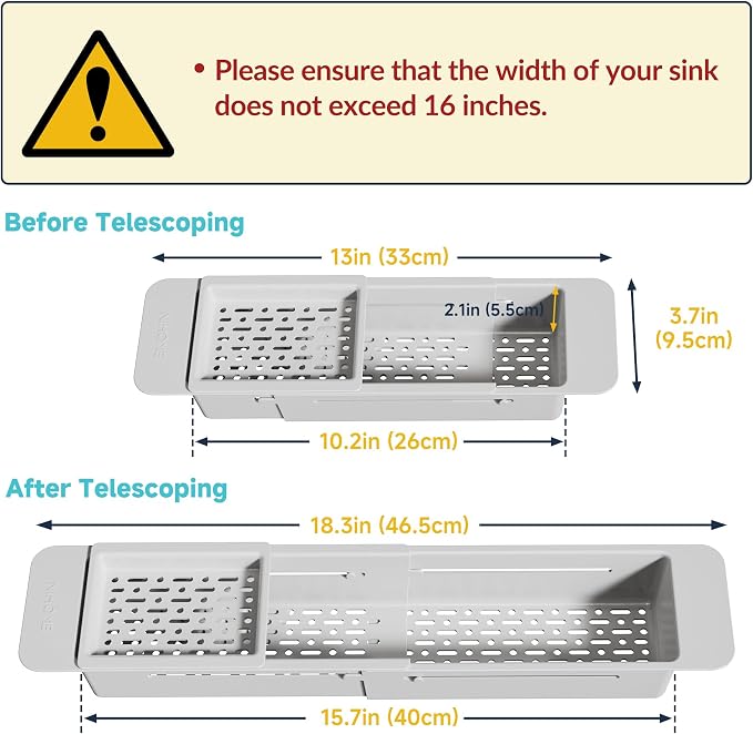 NiHome Extendable Over Sink Kitchen Organizer, Small Telescopic Brush Storage Rack for Sponge, Non-Slip Pads Expandable Sink Caddy, Adjustable Sponge/Brush Rack with Drainage Durable ABS (Gray)