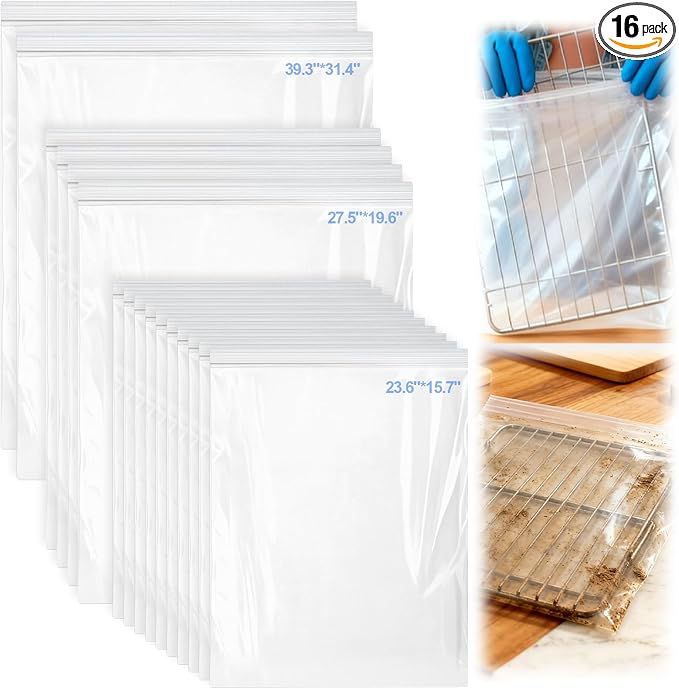 Palksky Oven Rack Cleaning Bags, 3 Sizes Heavy Duty No Scrub Bags for Use with Oven Cleaner, Reusable Leak-Resistant PE Bags for Deep Soaking Grill Grates & BBQ Racks, No Cleaner Included, 16 Packs