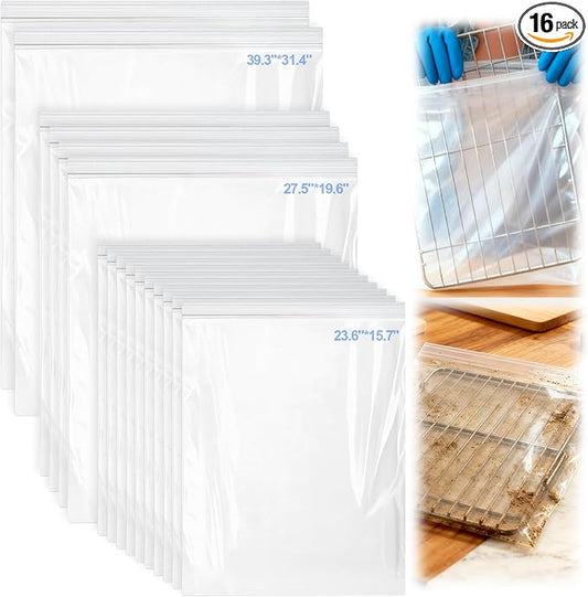 Palksky Oven Rack Cleaning Bags, 3 Sizes Heavy Duty No Scrub Bags for Use with Oven Cleaner, Reusable Leak-Resistant PE Bags for Deep Soaking Grill Grates & BBQ Racks, No Cleaner Included, 16 Packs