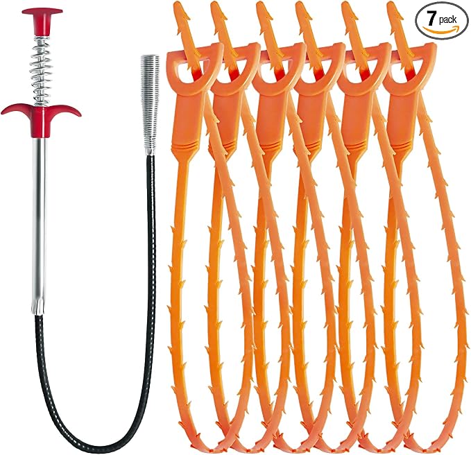 Hair Drain Clog Remover Tool – 6 × 25-Inch Sink Snake + 1 × 24-Inch Drain Cleaner Tool, Plumbing Snake for Shower, Toilet, Kitchen Sink & Tub – 7-Piece Hair Removal Tool Set