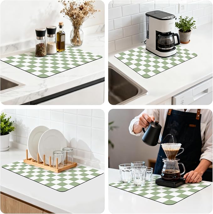 12" x 20" Checkered Dish Drying Mat for Kitchen Counter, Absorbent Coffee Bar Mat for Espresso Machine Coffee Countertops Accessories, Sage
