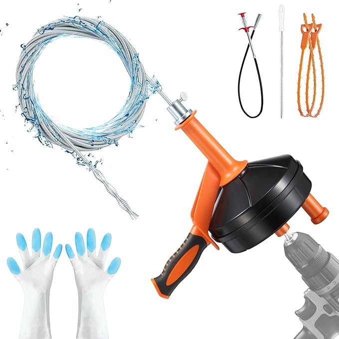 Drain Snake, Drain Auger with Drill Attachment, 25 Feet Plumbing Snake Tool Set Included Drain Clog Remover, Hair Clog Remover ＆ Cleaning Brush for Kitchen, Bathroom and Shower Sink with Gloves