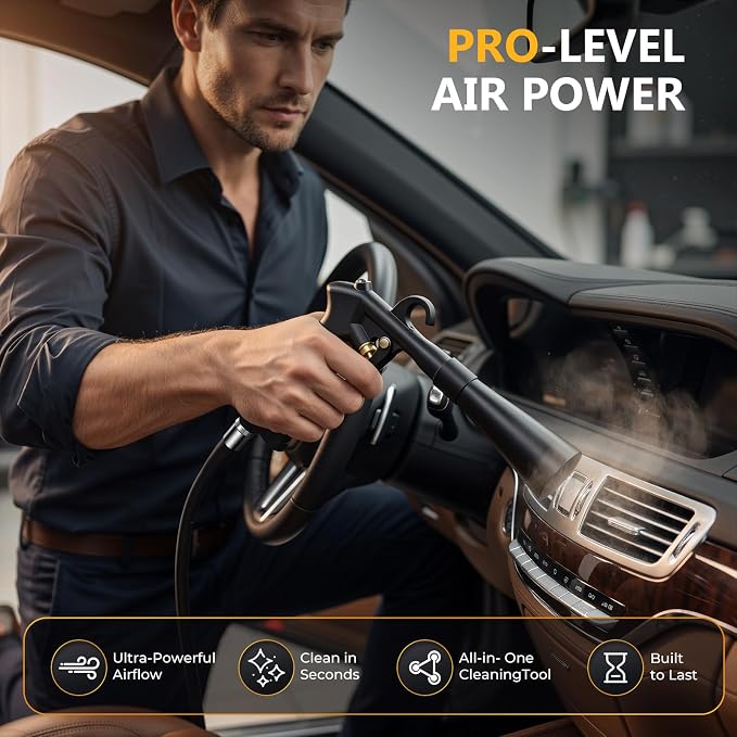 Air Cleaning Gun for Car Detailing, Works with Air Compressor | Aluminum alloy air blaster with 0-230 PSI airflow, Soft brush and 3 adapters for vents, Seat gaps and garage cleanup
