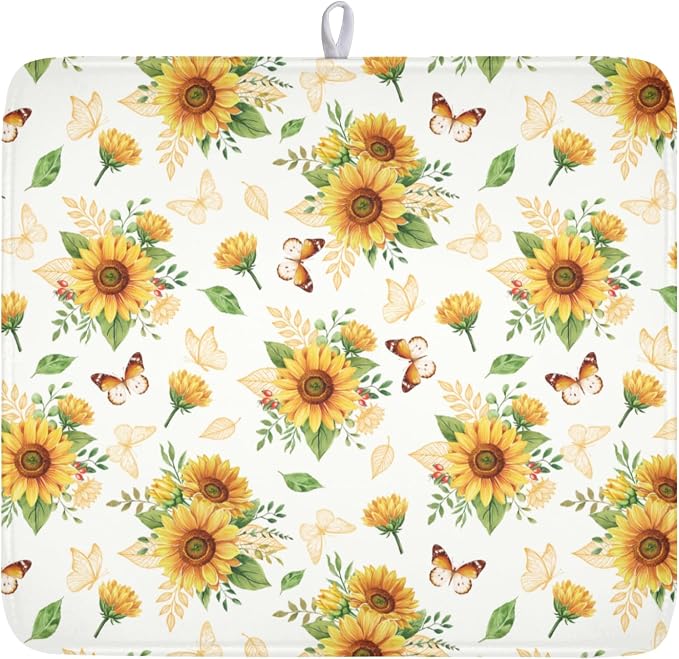 Sunflower Dish Drying Mat for Kitchen Counter Summer Yellow Floral Microfiber Dish Drainer Mat Rustic Farmhouse Absorbent Washable Drying Pad 16"x18"