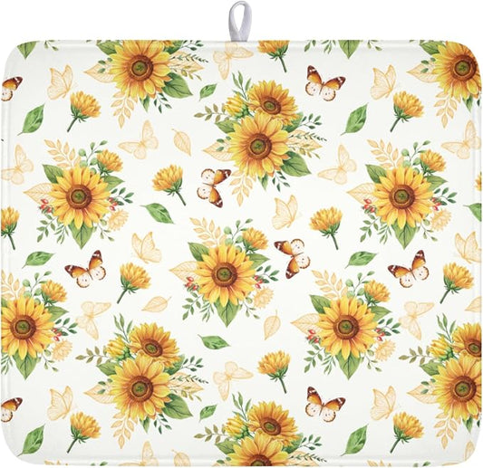 Sunflower Dish Drying Mat for Kitchen Counter Summer Yellow Floral Microfiber Dish Drainer Mat Rustic Farmhouse Absorbent Washable Drying Pad 16"x18"