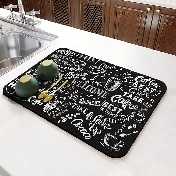Coffee Bar Mat Accessories for Countertop Super Absorbent Anti-Slip Silicone Dish Drying Mats Kitchen Counter Draining Pad Decor Gift Fit Maker Pot Espresso Machine 23inx15in