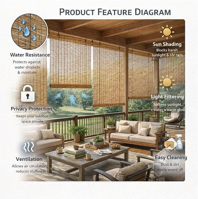 Retro Bamboo Blinds for Patio, Privacy Bamboo Roll Up Shades for Windows, 16"-80" W Reed & Bamboo Blackout Roller Shades, Cordless Outdoor Blinds for Porch, Sun Blocking(80" W x 72" H)