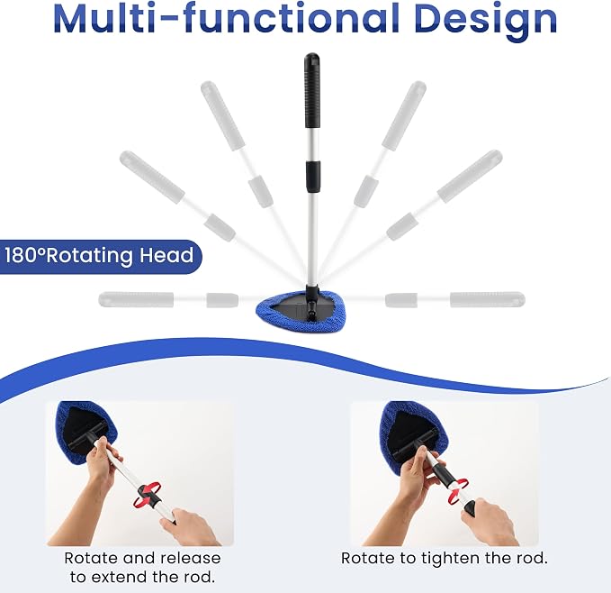 Windshield Cleaner Tool with 180° Rotating Head, Car Window Cleaner Tool with Extendable Handle and 4 Reusable Microfiber Pads, Car Windshield Cleaning Brush for Effortless and Efficient Cleaning