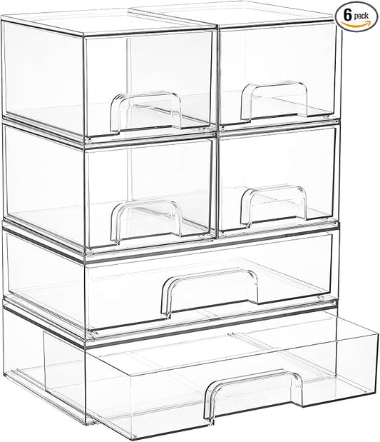 Vtopmart Stackable Storage Drawers Set of 6, Clear Plastic Organizer Bins for Bathroom Supplies, Ideal for Cabinet,Shelf, Pantry, Laundry Room Organization