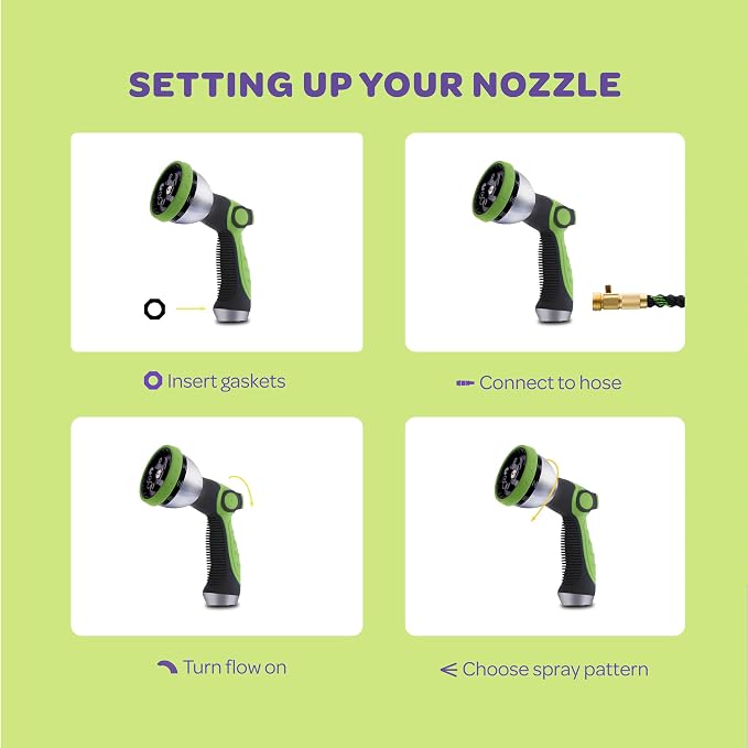 Hose Nozzle [Green] Heavy Duty Hose Sprayer With 10 Adjustable Watering Patterns. Thumb Control Design, Comfortable Ergonomic Grip, Garden Hose Nozzle for Watering Plants & Lawns/Fun showers/Cleaning
