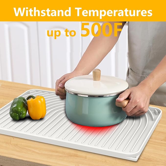 Dish Drying Mat for Kitchen Counter, 18"x12" Dish Drying Rack(white) | Various Sizes & Colors,Steep-Slope Built in Drain,High-fin Ventilation,Food-grade Silicone,500F heat resistant,for Flat sinks