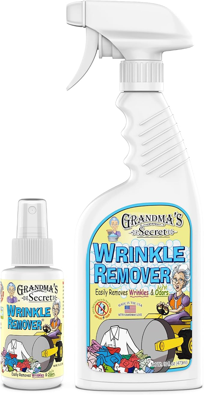 Grandma's Secret Wrinkle Remover - Wrinkle Release Spray, Odor Eliminator, and Fabric Refresher Spray - Chlorine and Bleach Free - 16 oz & 3 oz Travel Size Combo
