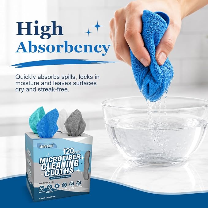 UNIMADE Microfiber Cleaning Cloth, 120 Pack Reusable Paper Towels Microfiber Towels for Cars Lint Free Shop Rags with for Home Kitchen Automotive, 11"x 9", White & Grey & Light Blue & Blue