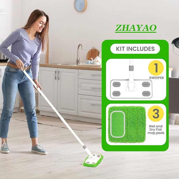 Reusable Microfiber Floor Mop System, Wet & Dry Sweeper Kit | Includes 1 Sweeper Handle, 3 Washable Chenille Mop Pads, Dry & Wet Use for Hardwood, Tile, and Laminate Floor
